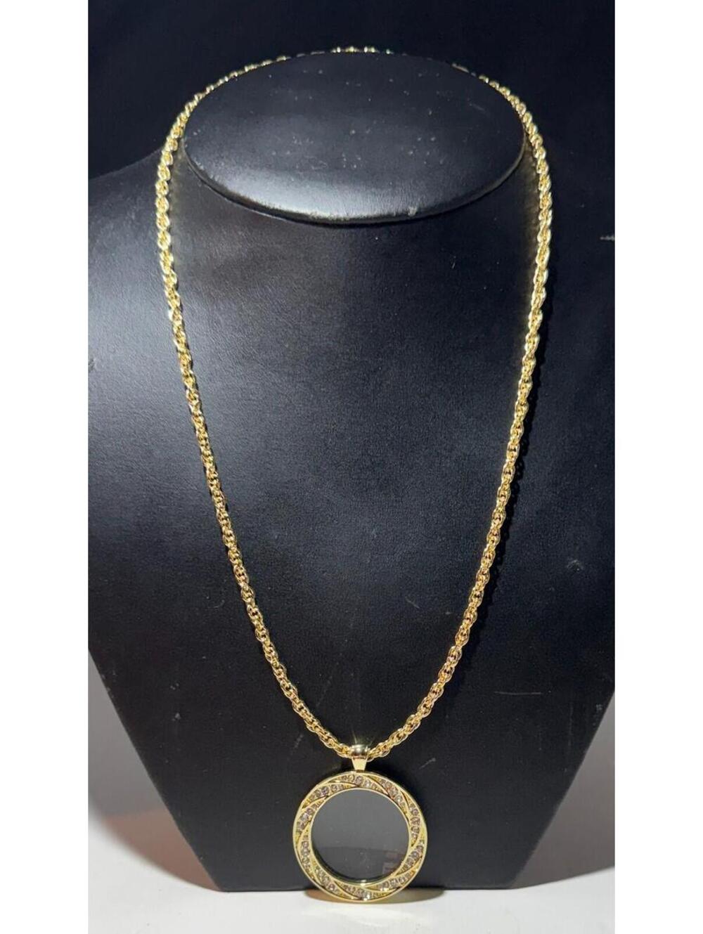 Gold Tone CZ Crystal Circle Locket Pendant Necklace Rope Chain Fashion Jewelry